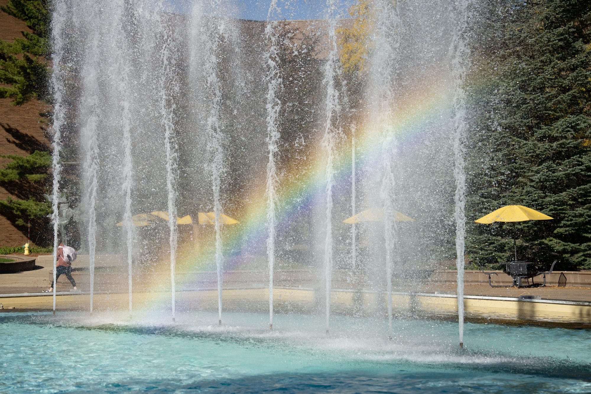 Campus fountain with rainbow